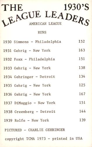1973 TCMA The 1930's League Leaders #NNO Charlie Gehringer Back