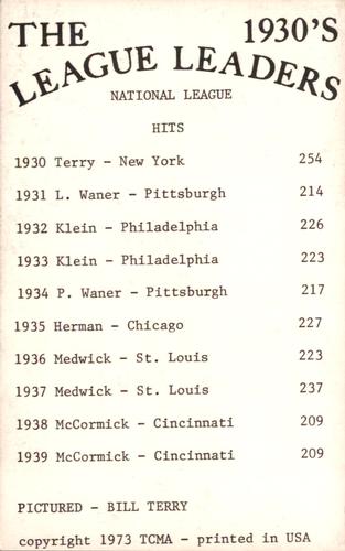 1973 TCMA The 1930's League Leaders #NNO Bill Terry Back