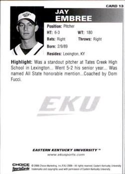 2008 Choice Eastern Kentucky Colonels #13 Jay Embree Back