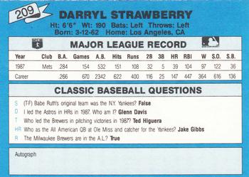 1988 Classic Blue #209 Darryl Strawberry Back