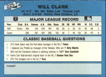 1988 Classic Blue #225 Will Clark Back