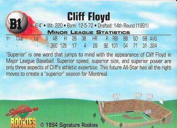 1994 Signature Rookies - Cliff Floyd Promos #B1 Cliff Floyd Back