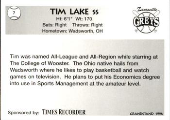 1996 Grandstand Zanesville Greys #15 Tim Lake Back