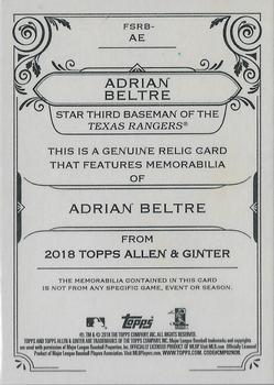 2018 Topps Allen & Ginter - Full-Size Relics #FSRB-AE Adrian Beltre Back