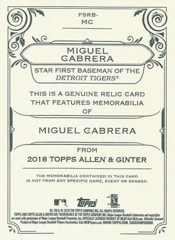 2018 Topps Allen & Ginter - Full-Size Relics #FSRB-MC Miguel Cabrera Back