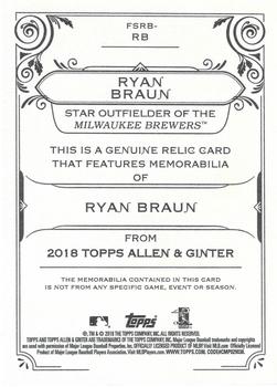 2018 Topps Allen & Ginter - Full-Size Relics #FSRB-RB Ryan Braun Back