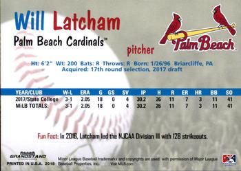 2018 Grandstand Palm Beach Cardinals #NNO Will Latcham Back