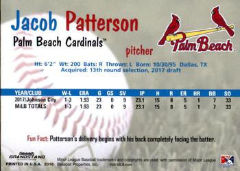 2018 Grandstand Palm Beach Cardinals #NNO Jacob Patterson Back