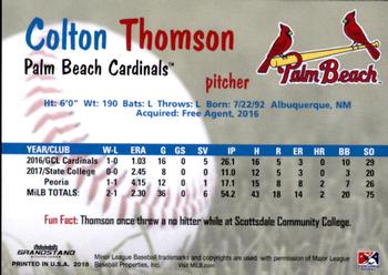 2018 Grandstand Palm Beach Cardinals #NNO Colton Thomson Back