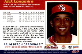 2013 Choice Palm Beach Cardinals #14 Nicholas Longmire Back
