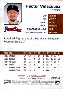 2018 Choice Pawtucket Red Sox #31 Hector Velazquez Back