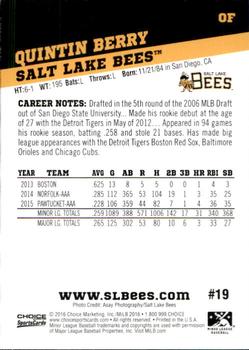 2016 Choice Salt Lake Bees #19 Quintin Berry Back