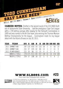 2016 Choice Salt Lake Bees #23 Todd Cunningham Back