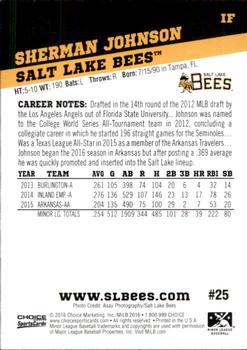 2016 Choice Salt Lake Bees #25 Sherman Johnson Back