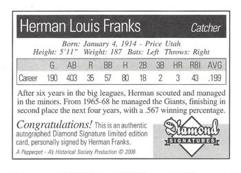 2006 Philadelphia Athletics Historical Society Diamond Signatures #NNO Herman Franks Back