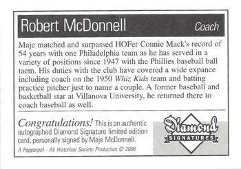 2006 Philadelphia Athletics Historical Society Diamond Signatures #NNO Maje McDonnell Back