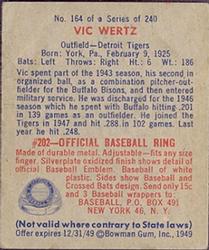 1949 Bowman #164 Vic Wertz Back