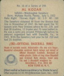 1949 Bowman #16 Al Kozar Back