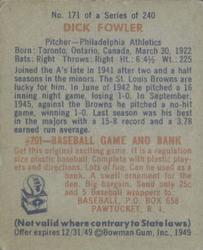 1949 Bowman #171 Dick Fowler Back