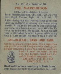 1949 Bowman #187 Phil Marchildon Back