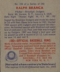 1949 Bowman #194 Ralph Branca Back