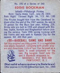 1949 Bowman #195 Eddie Bockman Back