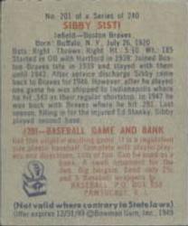 1949 Bowman #201 Sibby Sisti Back