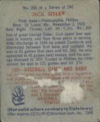 1949 Bowman #205 Dick Sisler Back