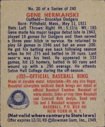 1949 Bowman #20 Gene Hermanski Back