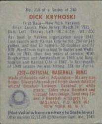 1949 Bowman #218 Dick Kryhoski Back