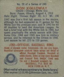 1949 Bowman #28 Don Kolloway Back
