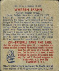 1949 Bowman #33 Warren Spahn Back