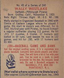1949 Bowman #45 Wally Westlake Back