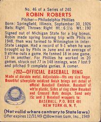 1949 Bowman #46 Robin Roberts Back