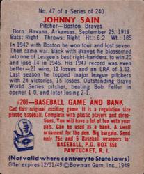 1949 Bowman #47 Johnny Sain Back
