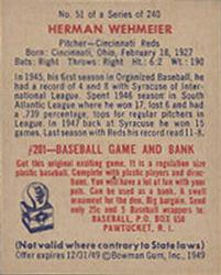1949 Bowman #51 Herman Wehmeier Back