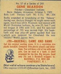 1949 Bowman #57 Gene Bearden Back