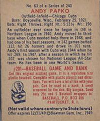 1949 Bowman #63 Andy Pafko Back