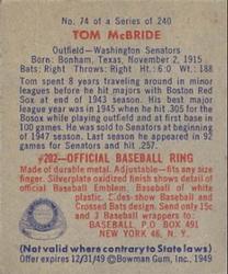 1949 Bowman #74 Tom McBride Back