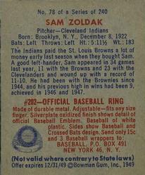1949 Bowman #78 Sam Zoldak Back