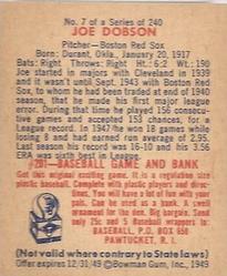1949 Bowman #7 Joe Dobson Back