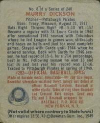 1949 Bowman #8 Murry Dickson Back