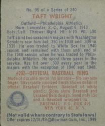 1949 Bowman #96 Taft Wright Back