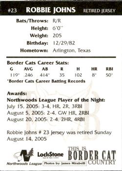 2006 Thunder Bay Border Cats #13 Robbie Johns Back