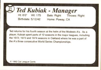 1992 Cal League All-Stars #21 Ted Kubiak Back