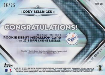 2018 Topps Chrome - Rookie Debut Medallion Orange Refractor #RDM-CB Cody Bellinger Back