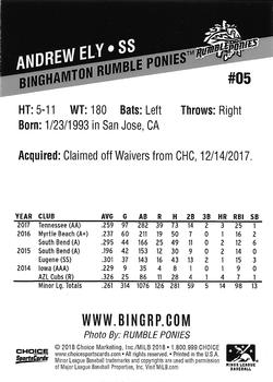 2018 Choice Binghamton Rumble Ponies #05 Andrew Ely Back