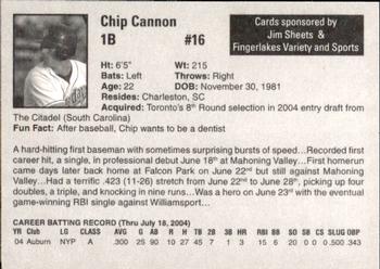 2004 Auburn Doubledays #4 Chip Cannon Back