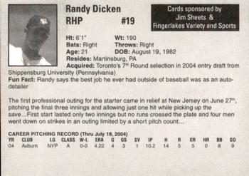 2004 Auburn Doubledays #8 Randy Dicken Back