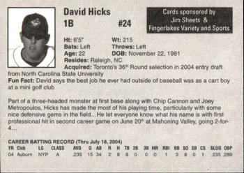 2004 Auburn Doubledays #12 David Hicks Back